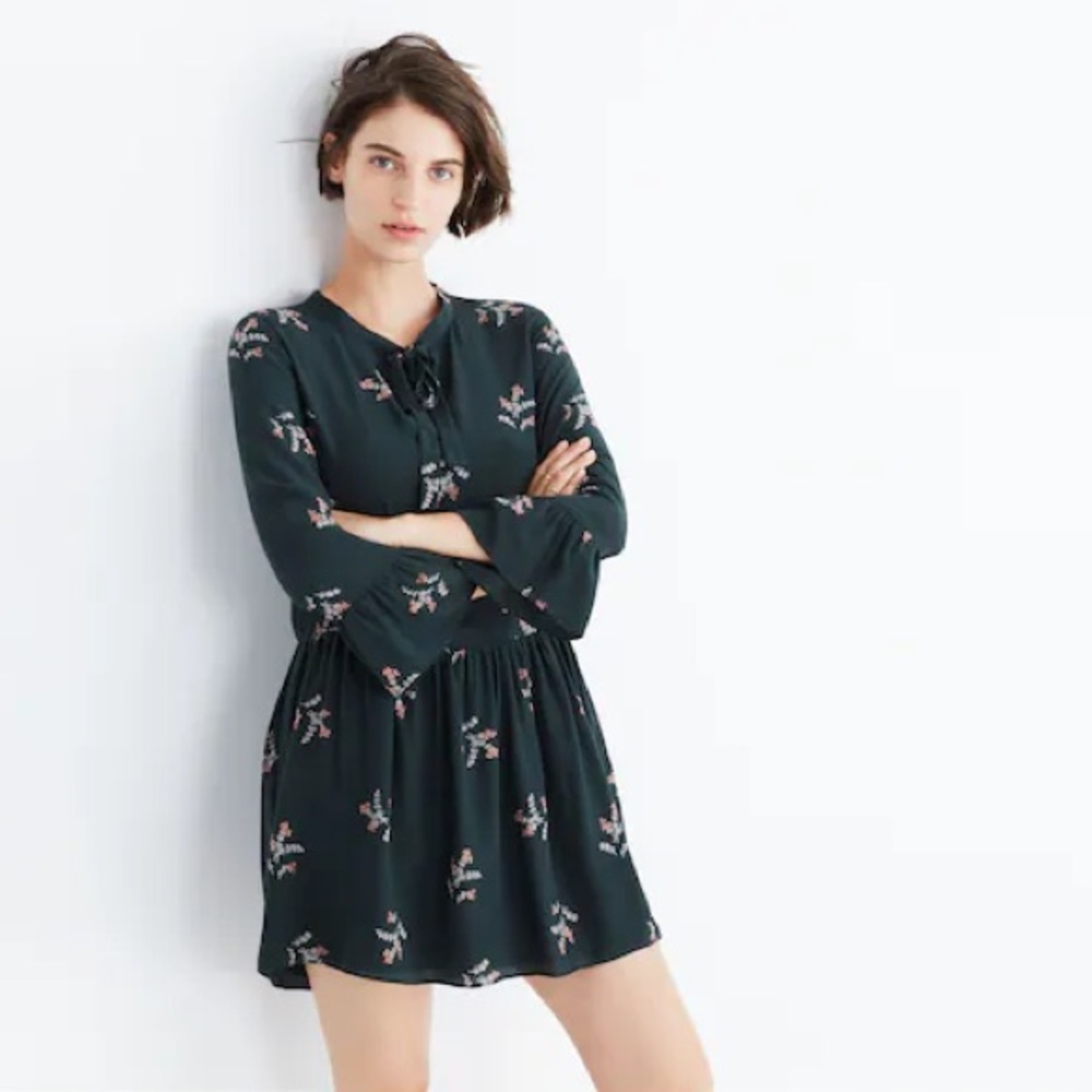 MADEWELL 100% Silk Tie-Neck Long Sleeve Dress in Wild Botanic - Size XS